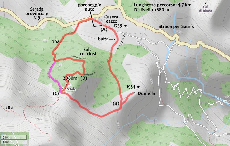 Cartina percorso Dumella e Col Marende (Altopiano di Razzo)