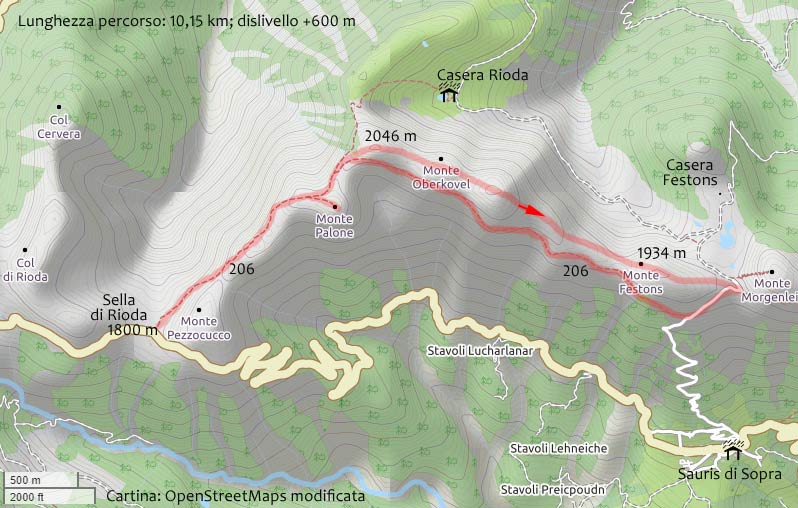 Cartina escursione Sella Rioda, M. Palon, M. Festons e ritorno