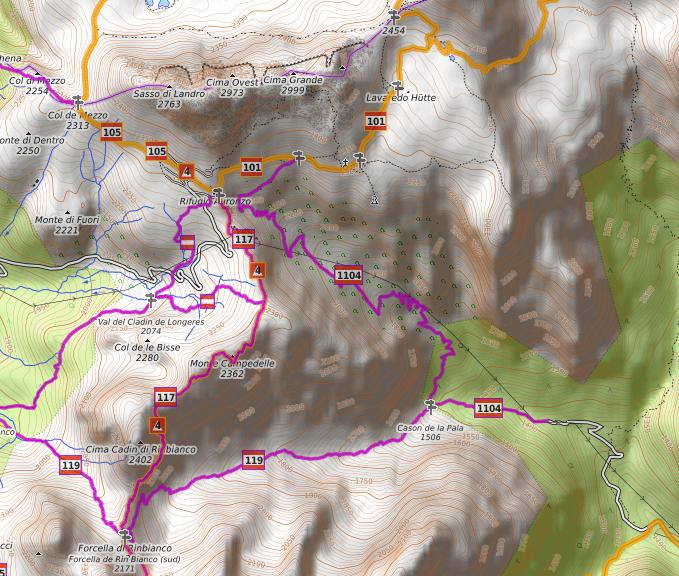 cartina sentiero 119-1104, Val de le Cianpedele e Valon de Lavaredo