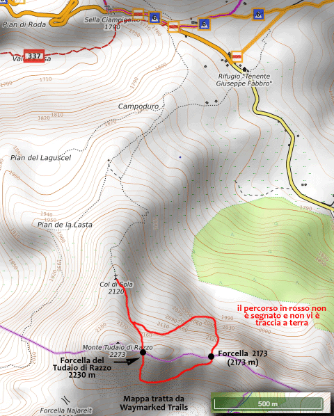 Mappa esemplificativa del percorso per Forcella del Tudaio di Razzo e Forcella 2173