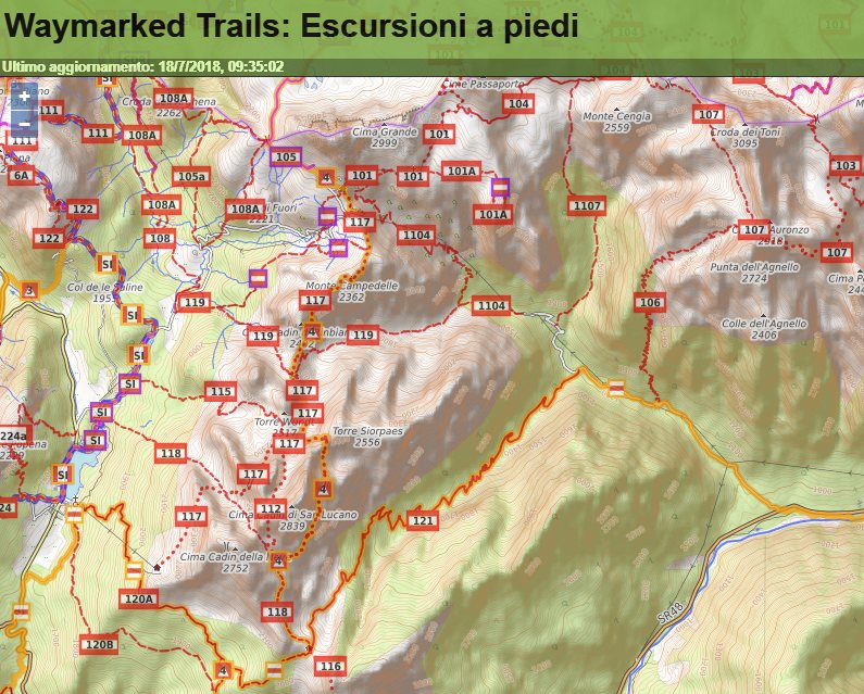 Mappa Waymarked Trails con alcuni dei sentieri alpini delle Dolomiti del Centro Cadore