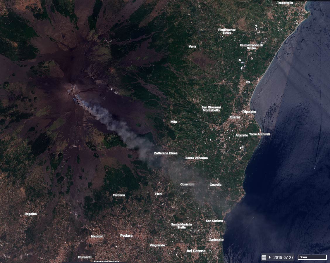 Eruzione dell'Etna del 27-07-2019 vista da Sentinel-2 
