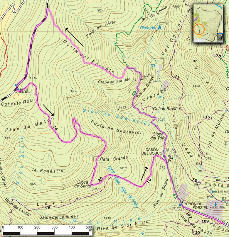 Mappa del percorso Peron dei Forziei, Costa dei Fornate, Pian de Mason, Pala Granda della serie "Andar per sentieri a Lozzo di Cadore"