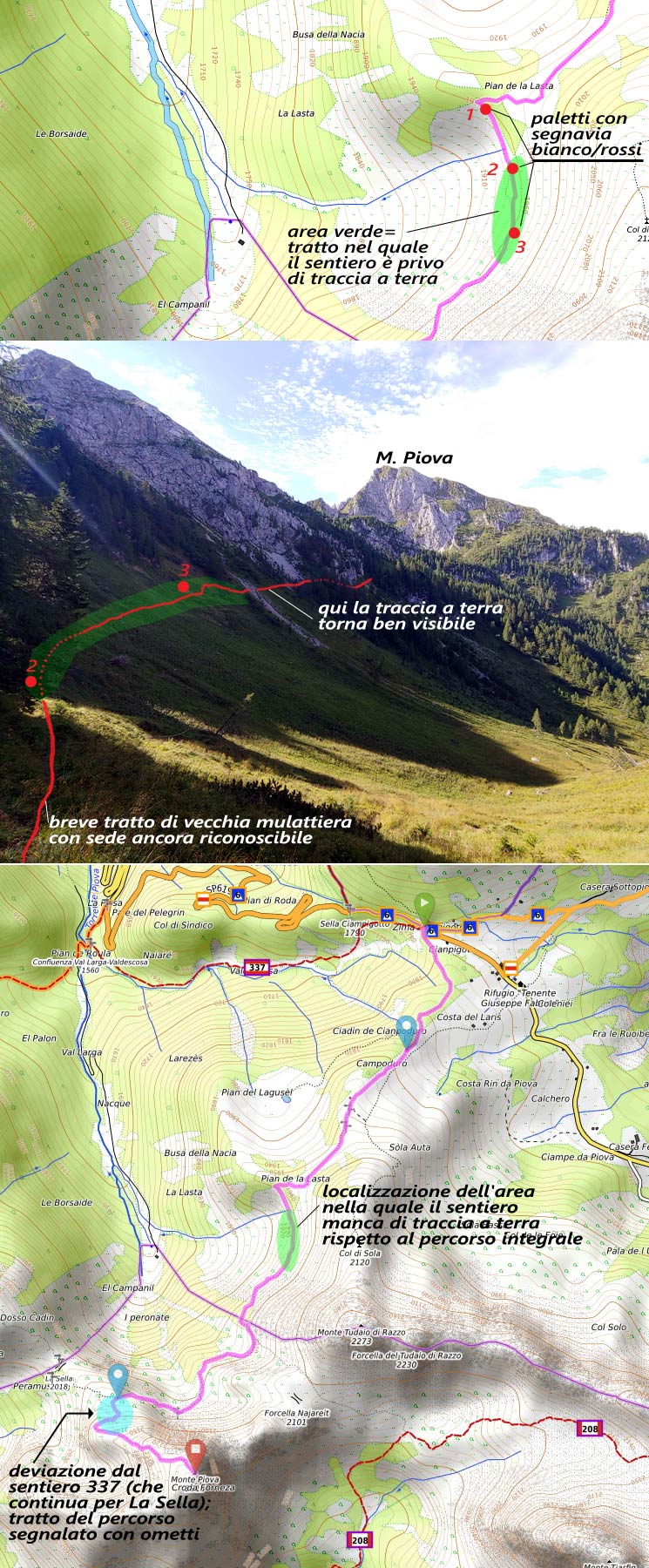 Salita al M. Piova: mappa e foto descrittiva dell'attraversamento erboso sul sentiero 337 subito dopo Pian de la Lasta