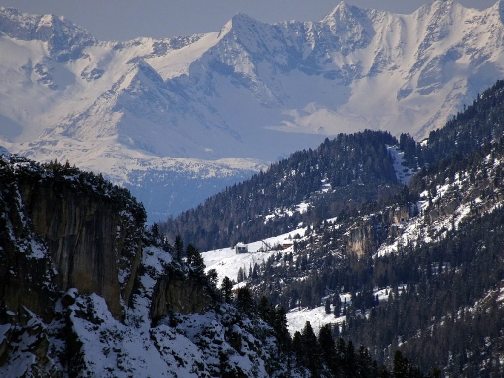 Rifugio e Forte di Vallandro dal rif. Col de Varda; sullo sfondo, al centro, il Monte Corno/V-Hornspitze, seguito sulla destra dalle altre cime del massiccio: IV-Hornspitze, III-Hornspitze