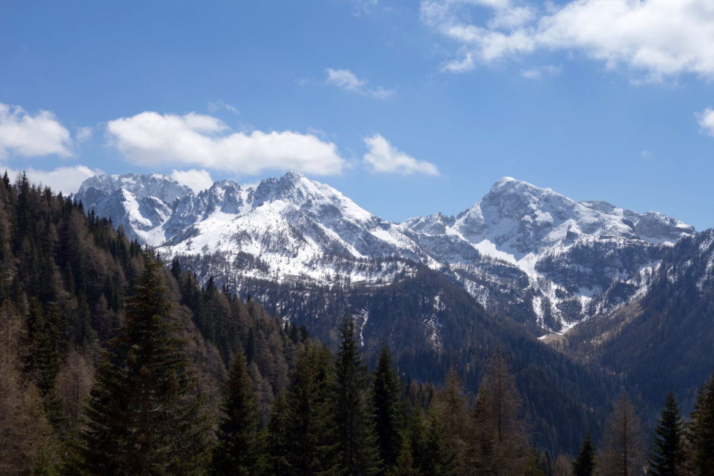 Al centro il Tudaio di Razzo, con la cima principale e la cima est separate da una evidente forcella; verso sinistra la cresta dei Tudai di Razzo dietro la quale si profila il Crodon di Tiarfin; a destra il M. Piova