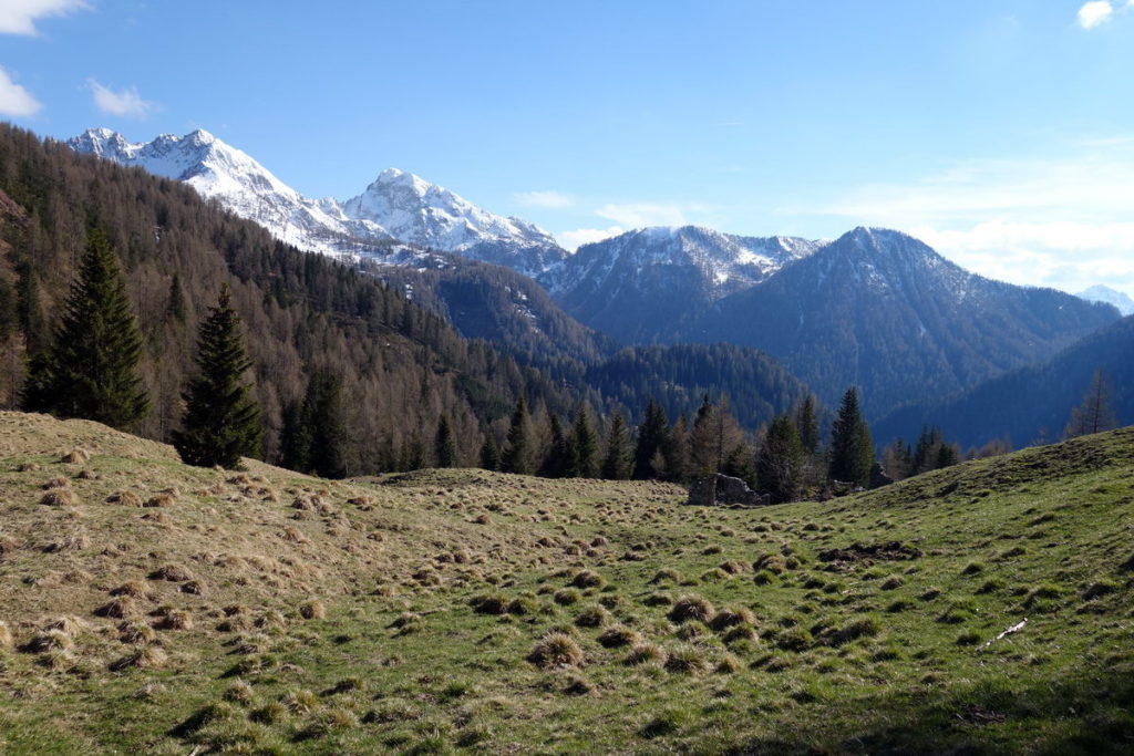 Forcella Losco con i ruderi di un magazzino della Grande Guerra; sullo sfondo Tudaio di Razzo, M. Piova, Col Rosolo, M. Verna