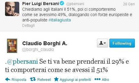 Bersani: chiediamo 51% poi ci comporteremo come avessimo il 49%